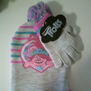 DreamWorks Trolls Poppy Hat And Gloves Set Girls Pom Pom Pink & Gray Winter NWT